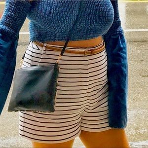 Zara basics white and navy blue striped high waist shorts